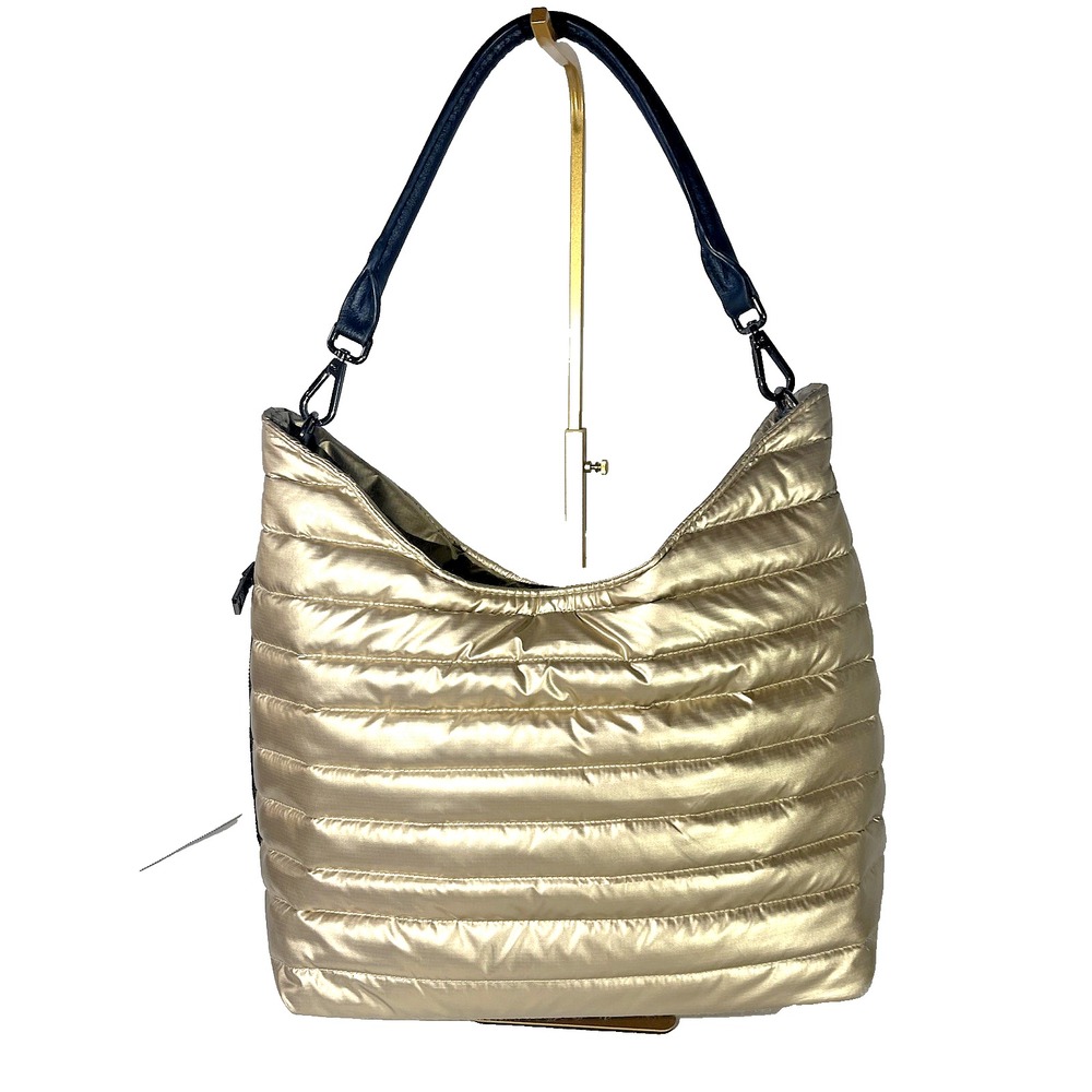 Think Royln Metallic Gold Puffer Tote Shoulder Bag Quilted Medium 12x16